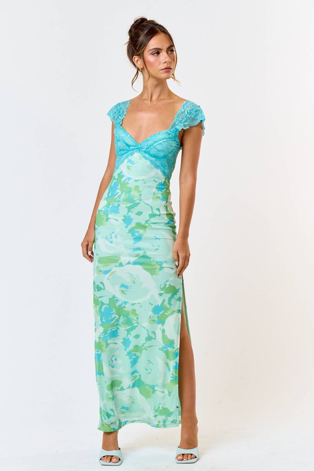 Mesh Floral  Print Lace Detail Side Slit Maxi Dress - Premium Dress from Blue Blush - Just $60! Shop now at Ida Louise Boutique