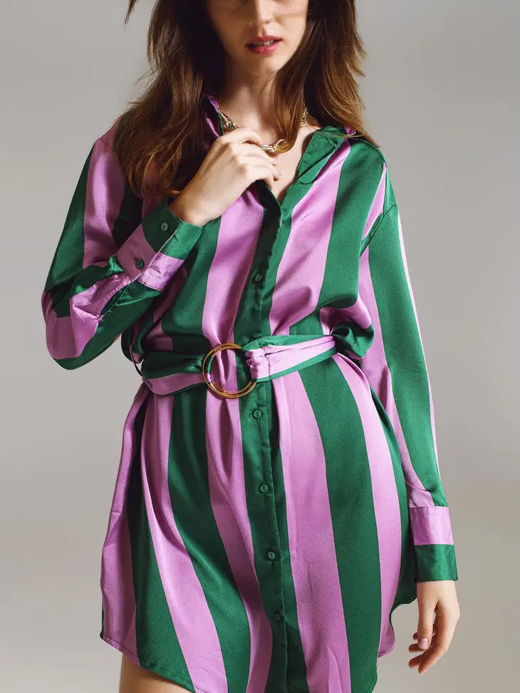 Margaret Shirt Dress Lilac/Green Stripe