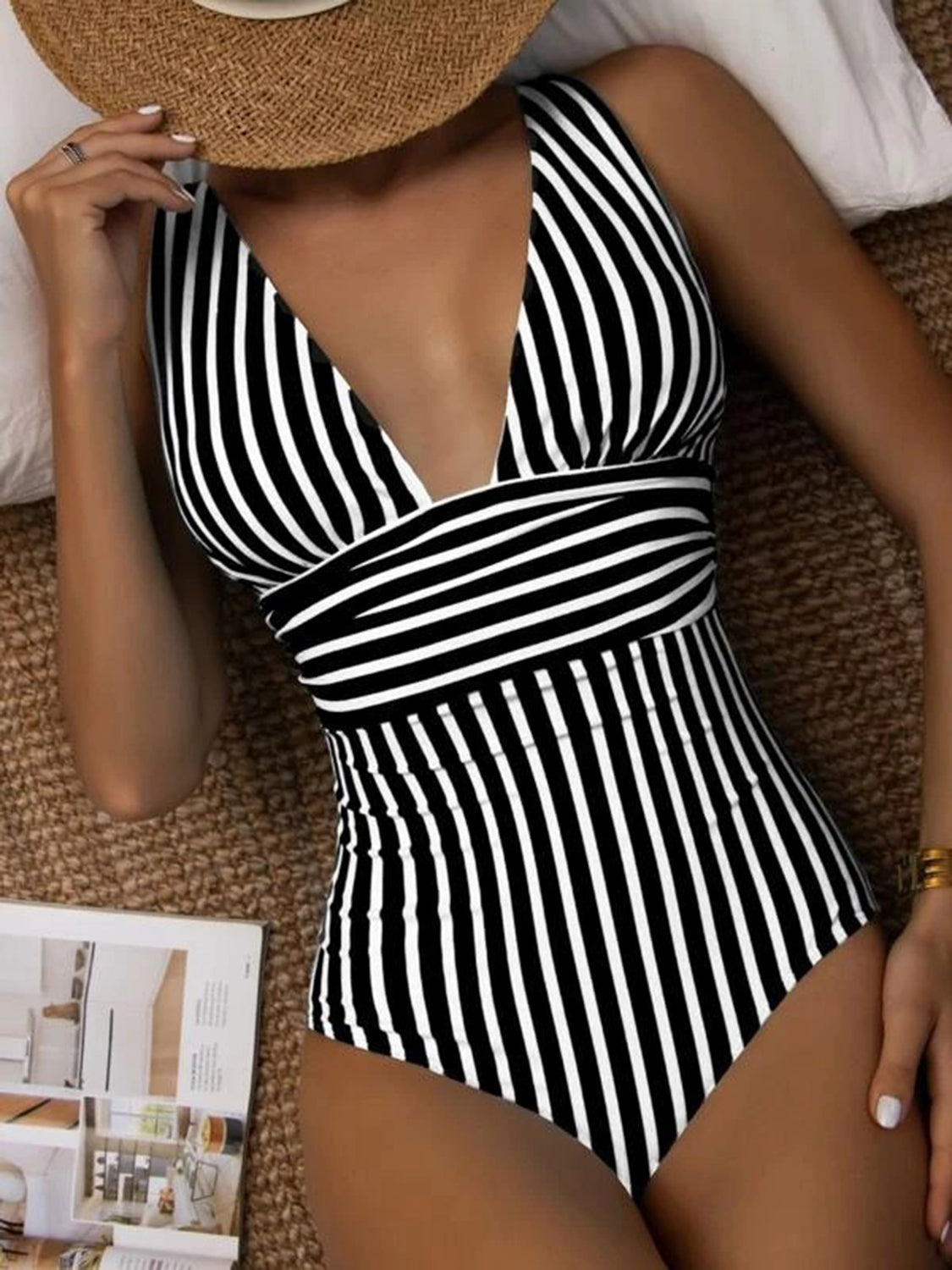 Striped Plunge Sleeveless One-Piece Swimwear - Premium swimsuit from Trendsi - Just $48! Shop now at Ida Louise Boutique