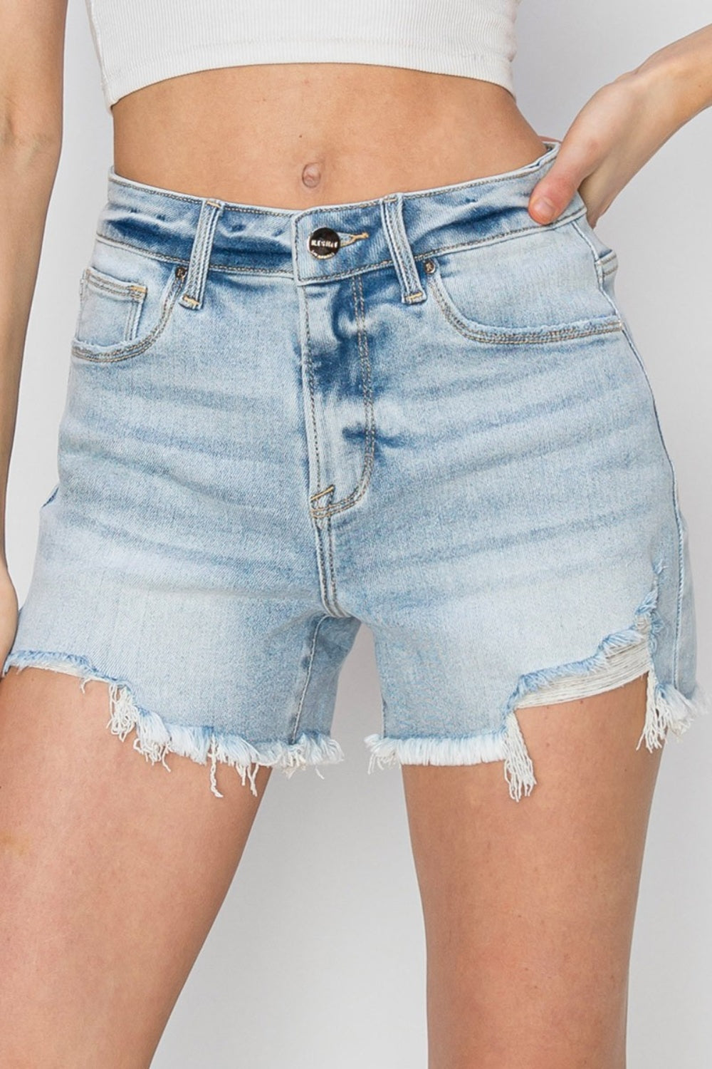 RISEN High Waist Frayed Detail Denim Shorts - Premium Shorts from Trendsi - Just $48! Shop now at Ida Louise Boutique