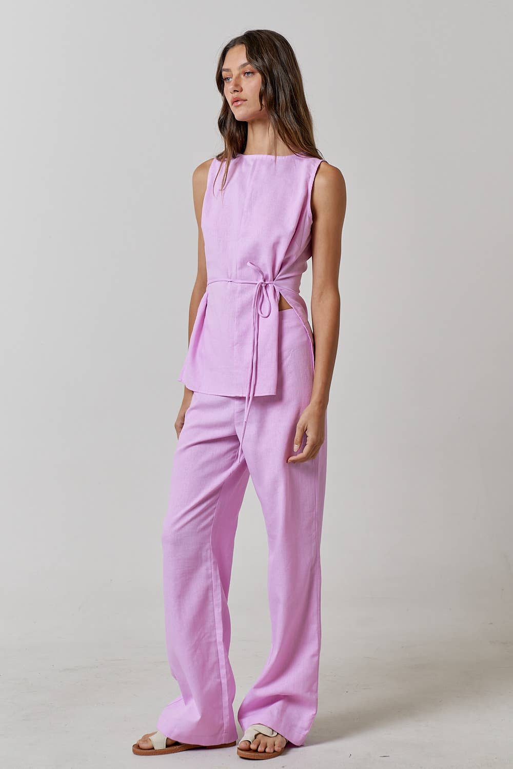 ILS3563 LINEN ROUND NECK WAIST TIE TOP AND LONG PANT SETS - Premium  from Lalavon - Just $90! Shop now at Ida Louise Boutique