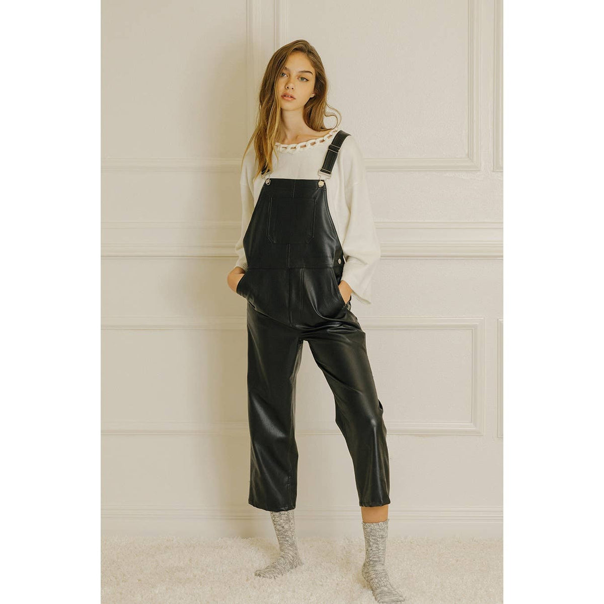 Faux Leather Black Overall Pants - Premium Overalls from STORIA - Just $88! Shop now at Ida Louise Boutique