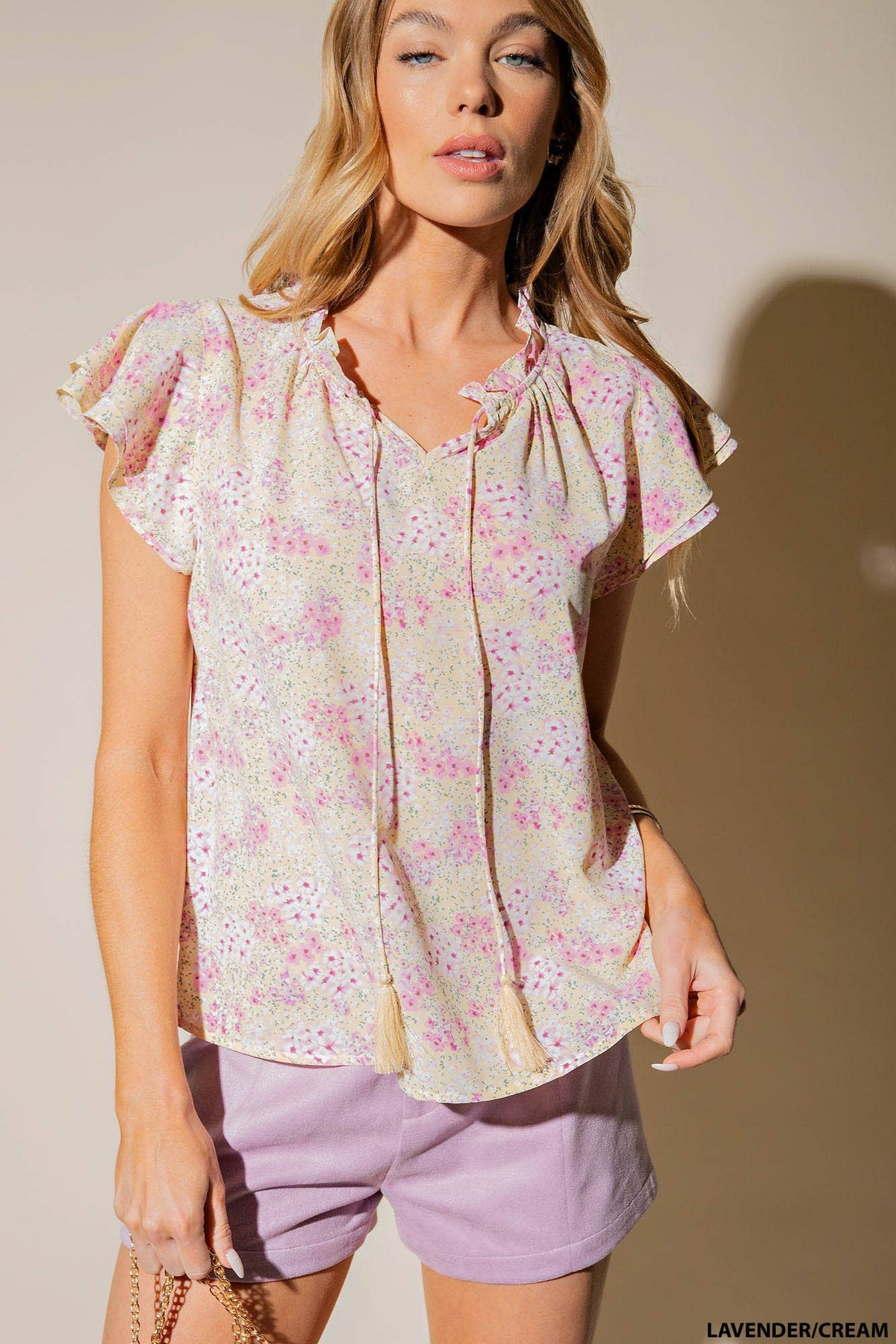 PRINTED POLY 3 LAYERS RUFFLE SLEEVES FRONT TIED - Premium Tops from Kori - Just $48! Shop now at Ida Louise Boutique