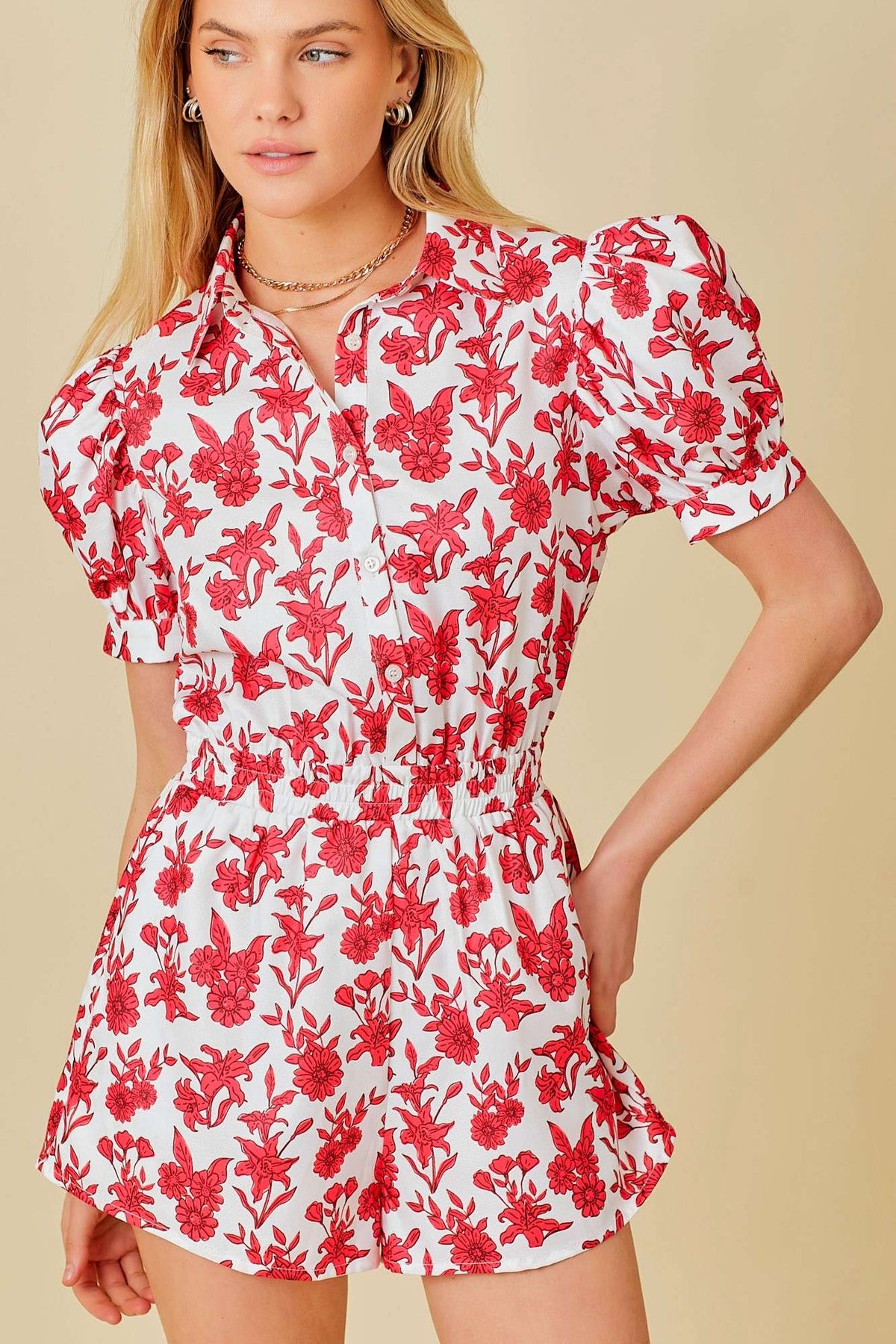 Puff Shoulder Floral Red Print Romper - Premium Romper from Main Strip - Just $54! Shop now at Ida Louise Boutique