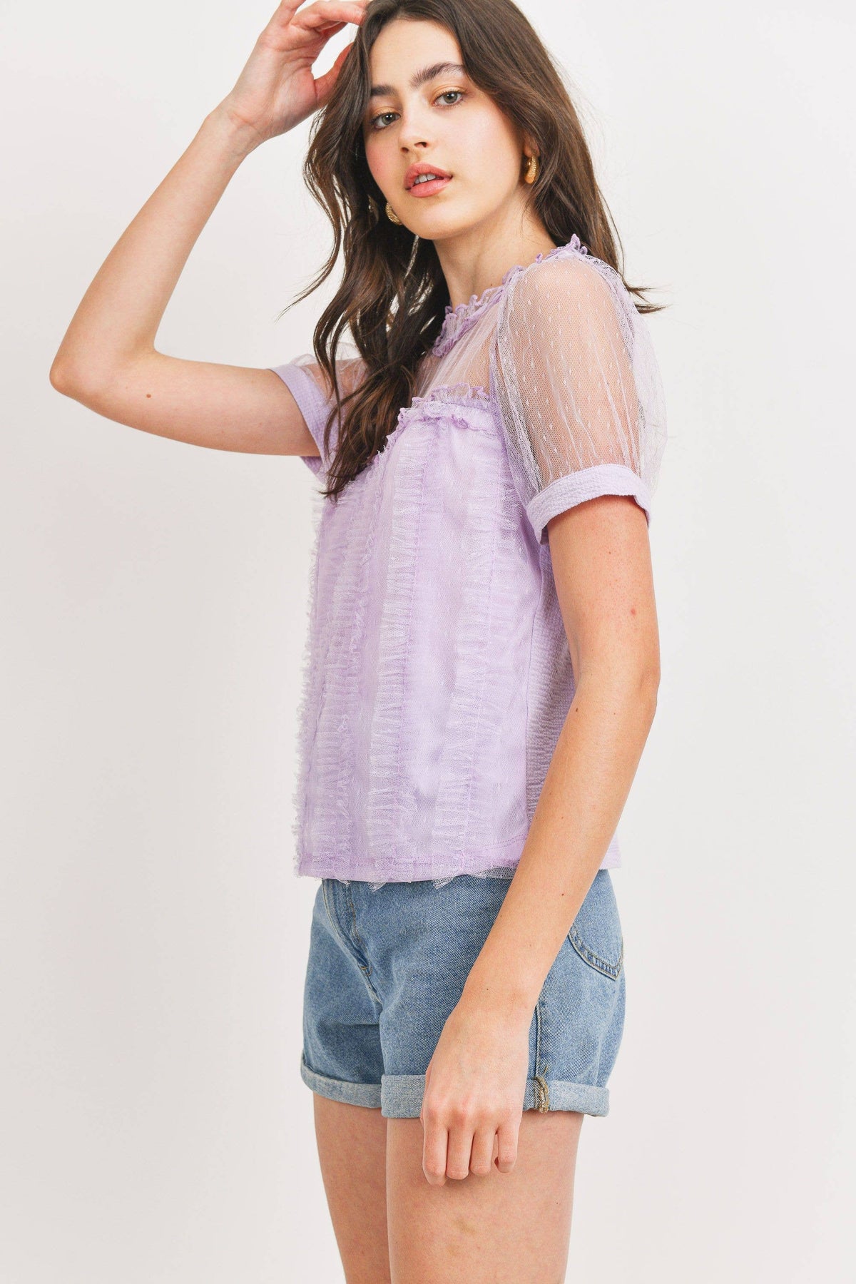 Lavender Dotted Mesh Overlay Blouse - Premium Tops from Sweet Rain - Just $46! Shop now at Ida Louise Boutique