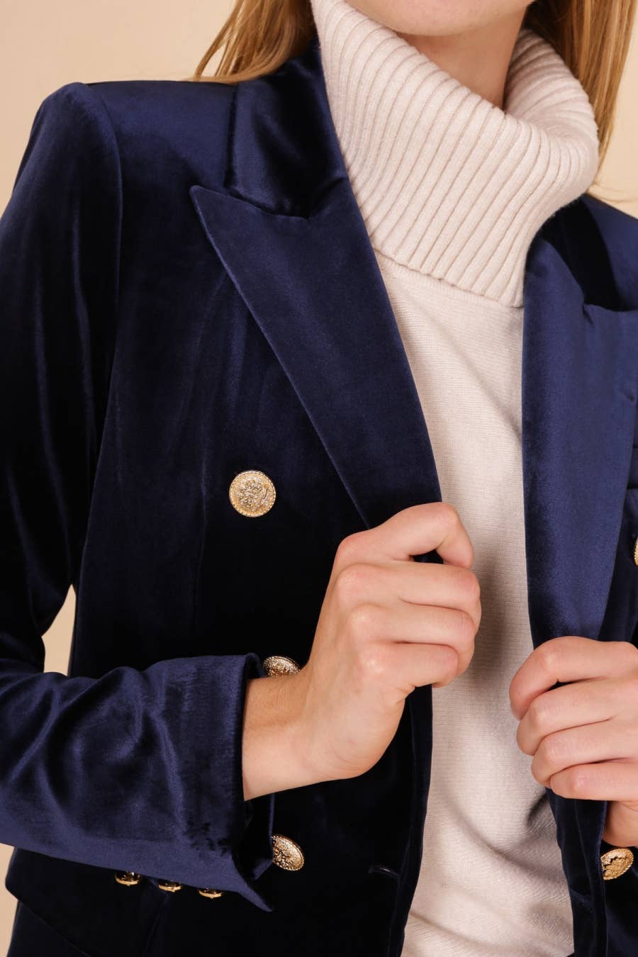 Double-breasted Velvet Blazer with Gold Buttons Navy or Magenta - Premium Blazer from CHOKLATE PARIS - Just $108! Shop now at Ida Louise Boutique