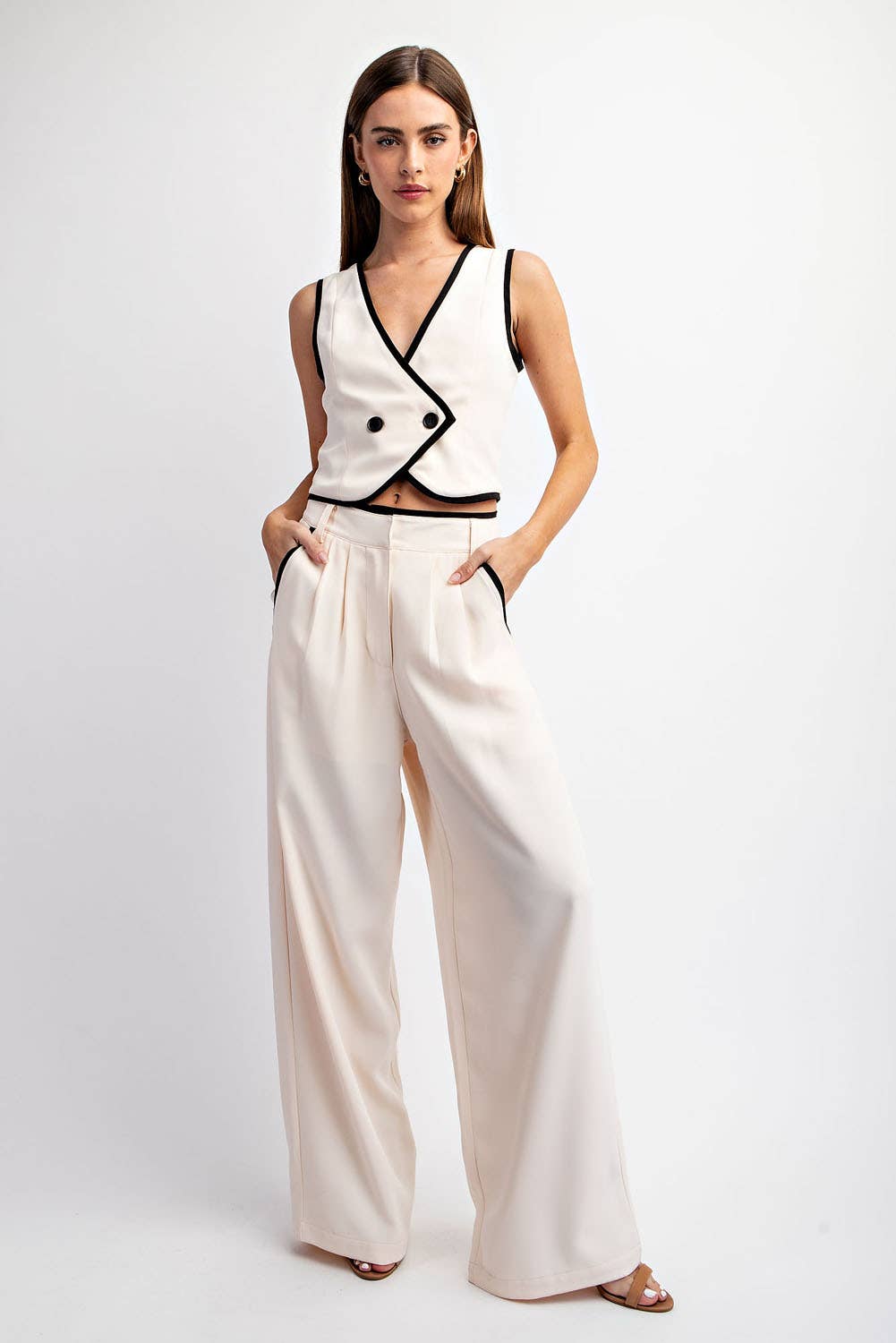 DOUBLE-BREASTED WOVEN VEST Contrast Edge - Premium 2 Piece Set from Edit by Nine - Just $44! Shop now at Ida Louise Boutique