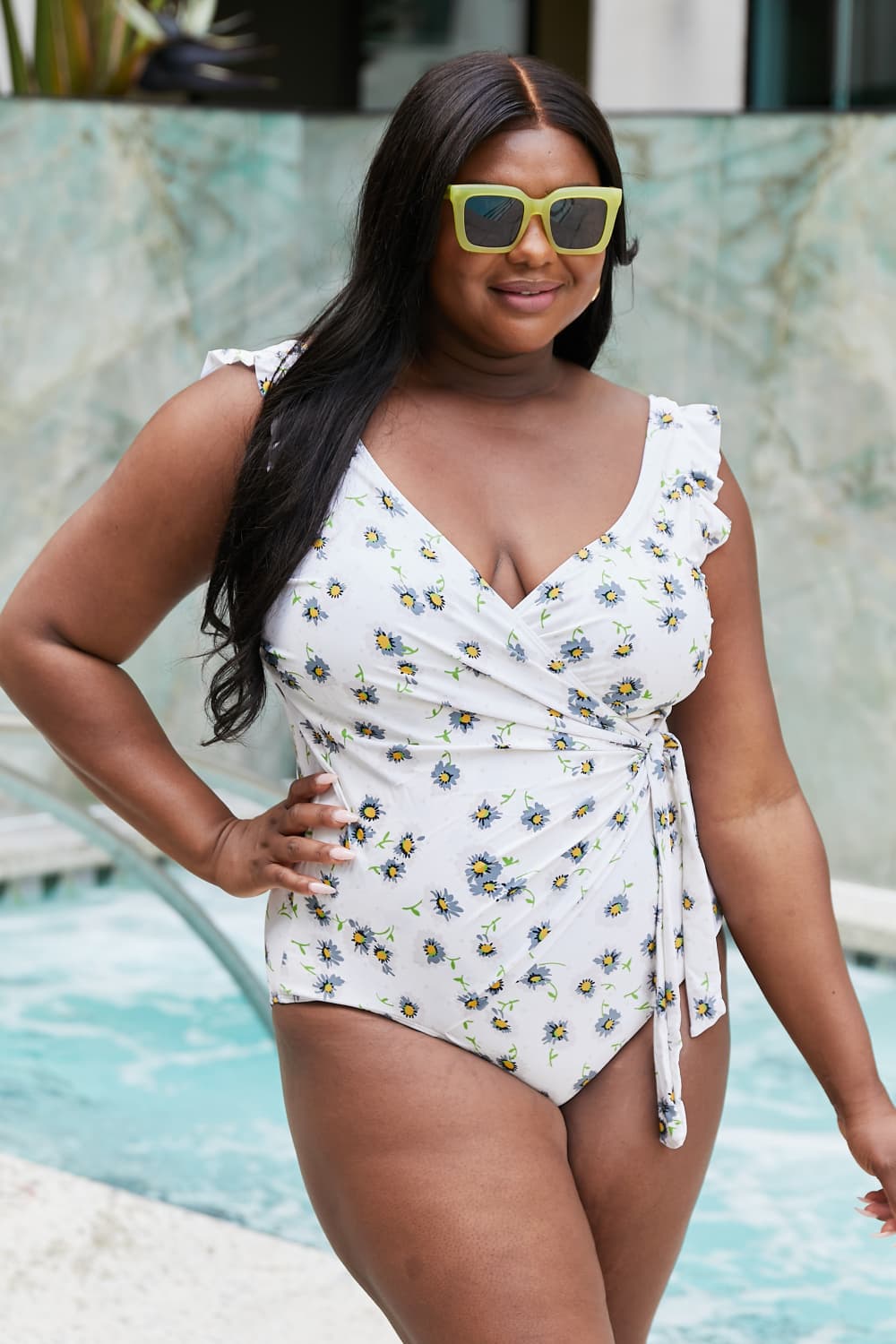 Marina West Swim Float On Ruffle Faux Wrap One-Piece in Daisy Cream - Premium swim from Trendsi - Just $53! Shop now at Ida Louise Boutique