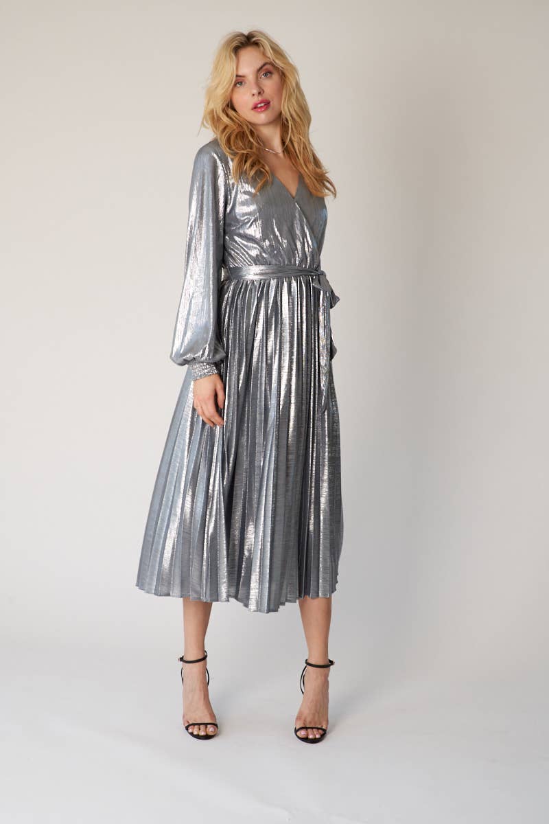 Sophia Silver Metallic Pleated Dress - Premium Dresses from Sage + Fig - Just $58! Shop now at Ida Louise Boutique