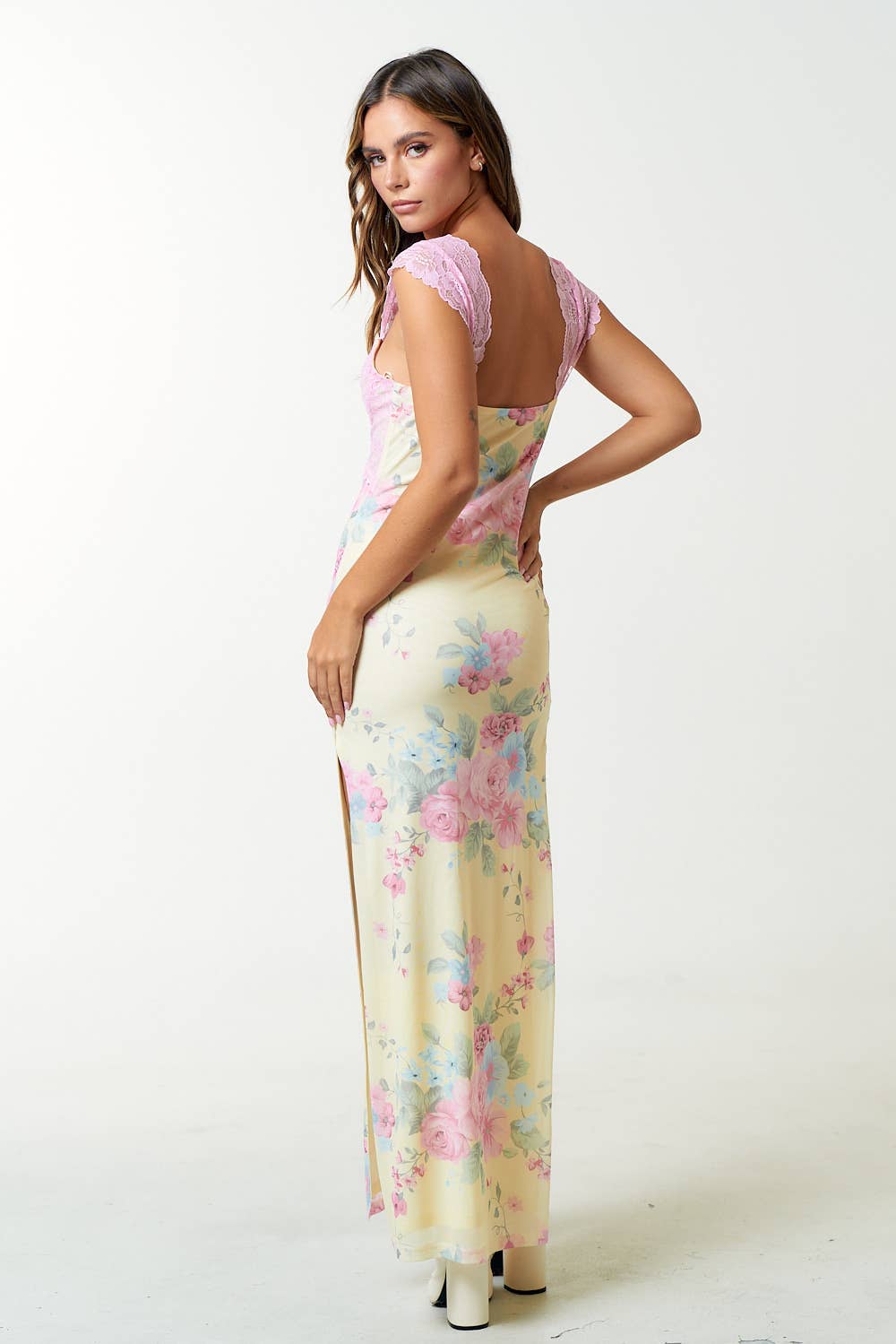 Mesh Floral  Print Lace Detail Side Slit Maxi Dress - Premium Dress from Blue Blush - Just $60! Shop now at Ida Louise Boutique