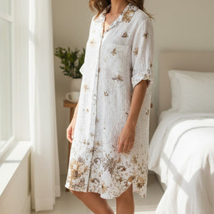 Moira White Linen Button Down Floral Tunic Dress