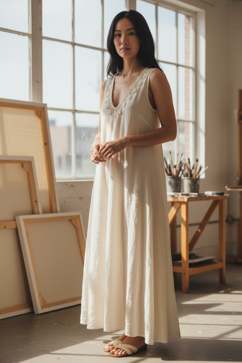 LINEN V-NECK/BACK MAXI TANK DRESS WITH POCKETS