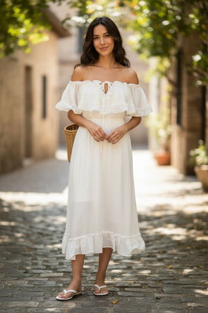 Marcella Cotton Frayed Off the Shoulder Maxi Dress