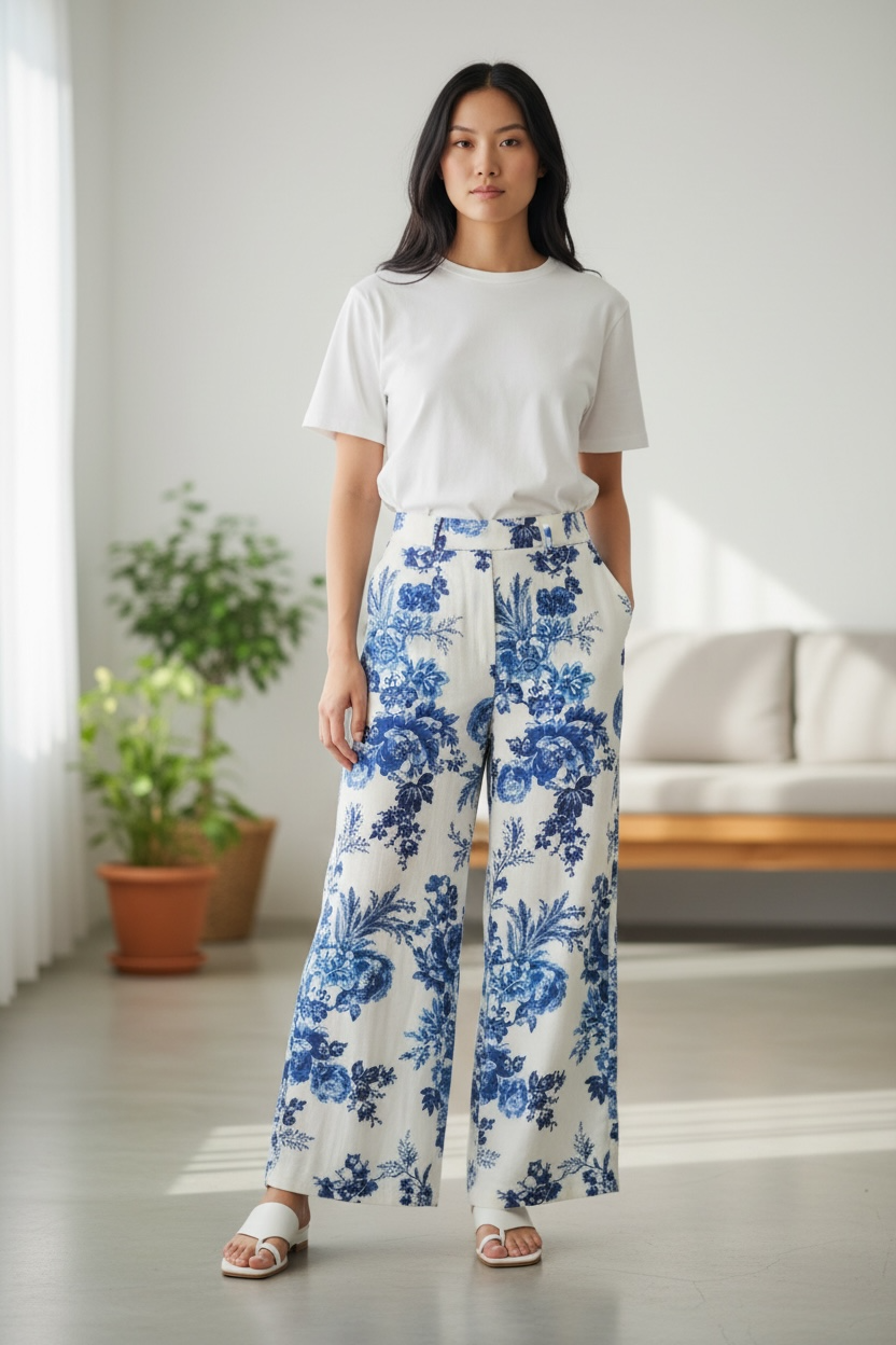 FLORAL PRINT ELASTIC WAISTBAND PANTS WITH POCKETS
