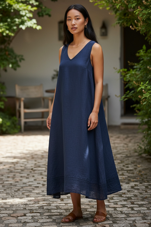 GIULIA ITALIAN LINEN MAXI V-NECK DRESS