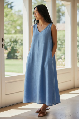 FRANCESCA ITALIAN LINEN MAXI V-NECK DRESS