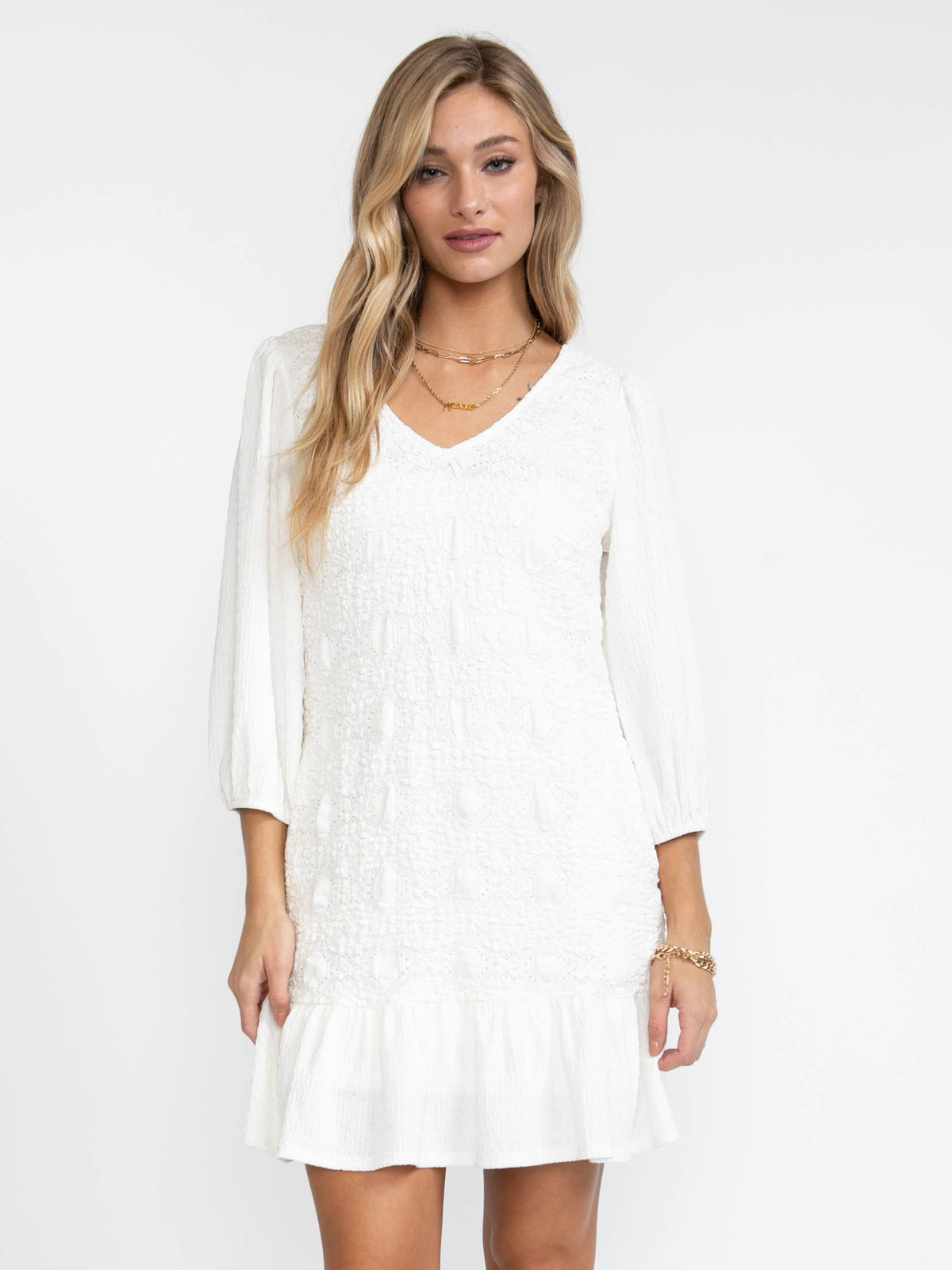 Textured White Hollow Fabric 3/4 Sleeve Mini Dress & Tie Back - Premium Dresses from GPD label - Just $62! Shop now at Ida Louise Boutique