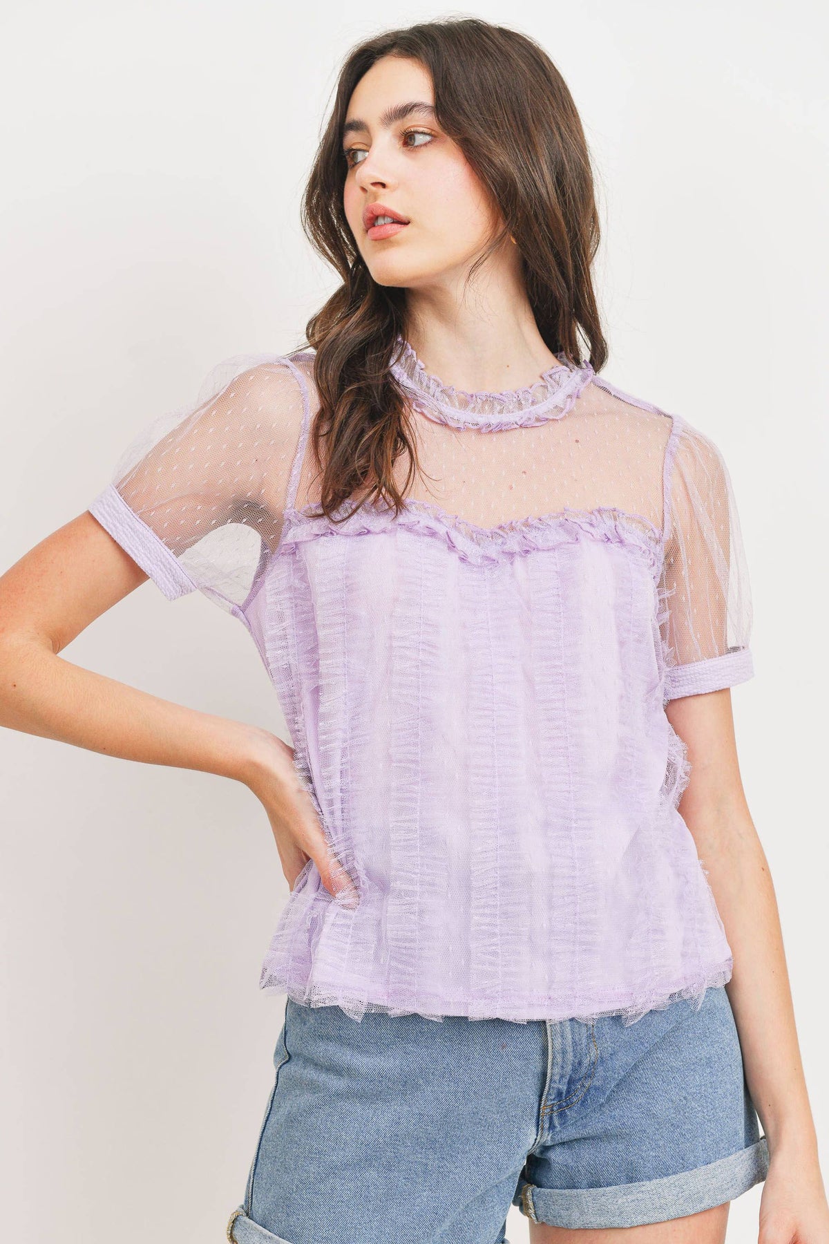 Lavender Dotted Mesh Overlay Blouse - Premium Tops from Sweet Rain - Just $46! Shop now at Ida Louise Boutique