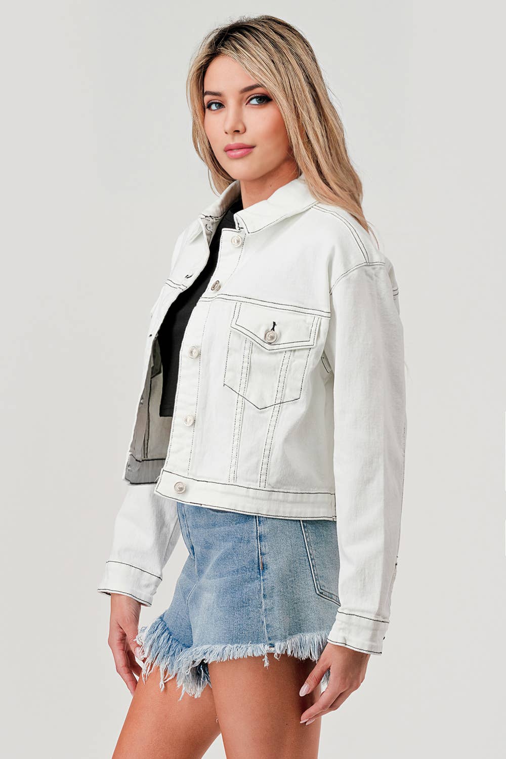 WHITE - CONTRAST STITCH WHITE DENIM JACKET - Premium Jacket from I&M JEAN, INC. - Just $68! Shop now at Ida Louise Boutique