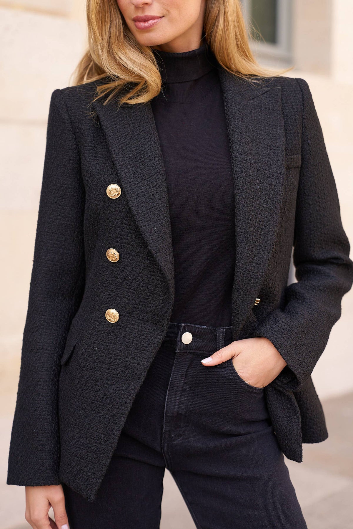 Pink Gold Button Double-Breasted Tweed blazer jacket - Premium Blazers from Attentif Paris - Just $128! Shop now at Ida Louise Boutique