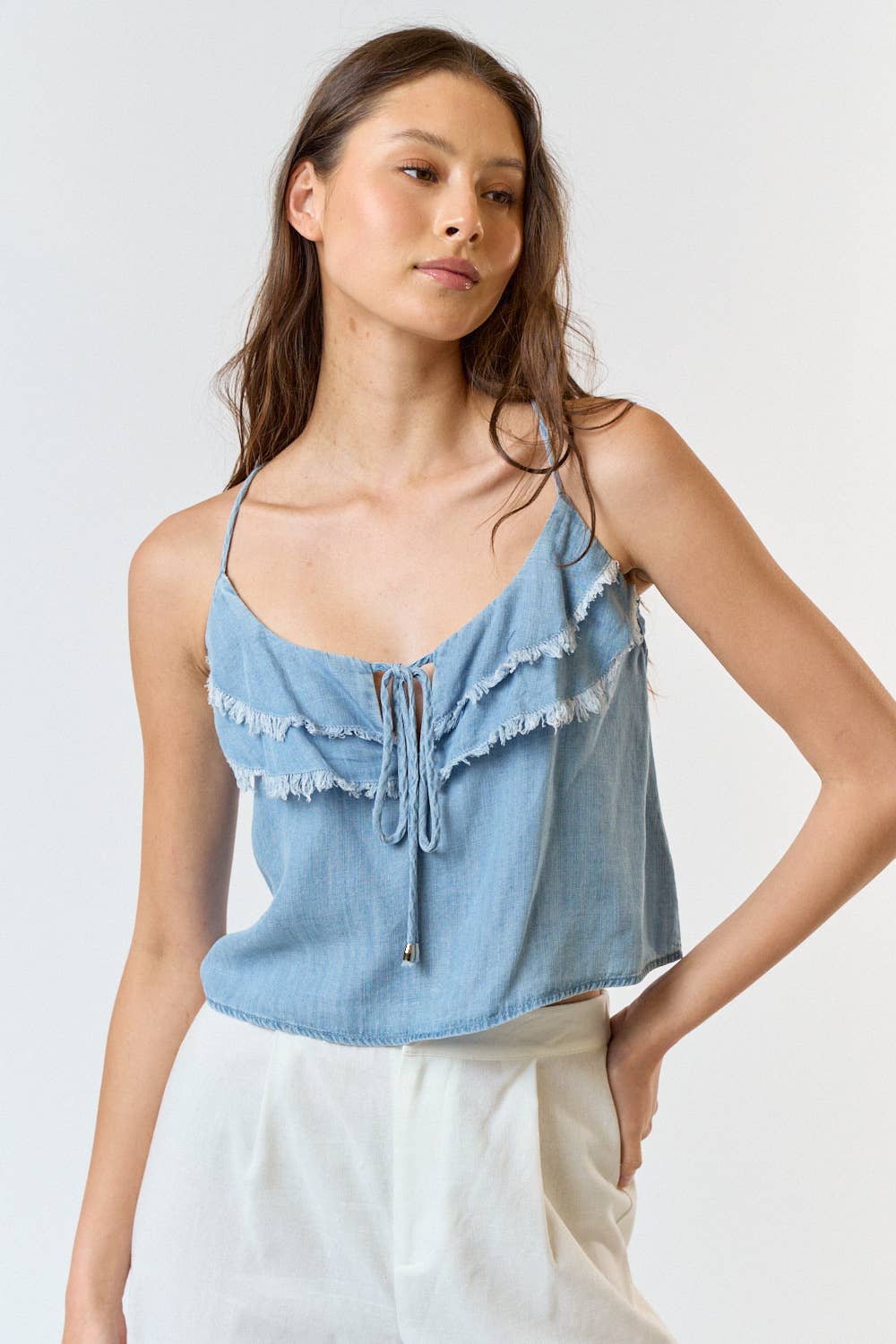 FRAYED LAYER DETAIL CROSSED Back Denim Tank - Premium Tops from Lalavon - Just $38! Shop now at Ida Louise Boutique