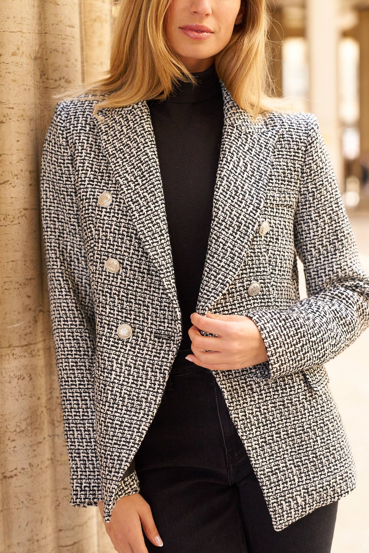 Pink Gold Button Double-Breasted Tweed blazer jacket - Premium Blazers from Attentif Paris - Just $128! Shop now at Ida Louise Boutique