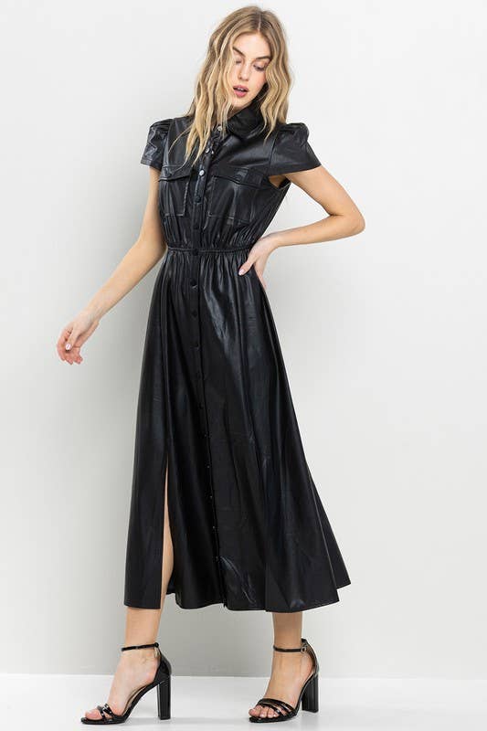 Faux Leather Black Midi Dress with Cinch Waist and Pockets - Premium Dresses from TCEC - Just $108! Shop now at Ida Louise Boutique