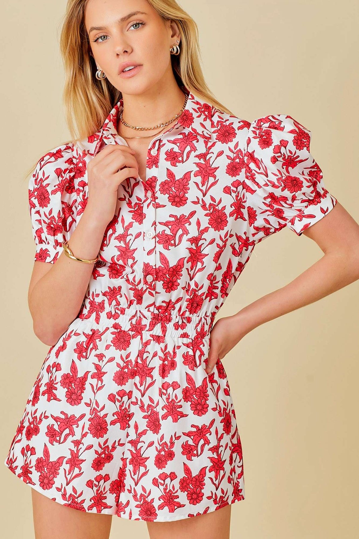 Puff Shoulder Floral Red Print Romper - Premium Romper from Main Strip - Just $54! Shop now at Ida Louise Boutique