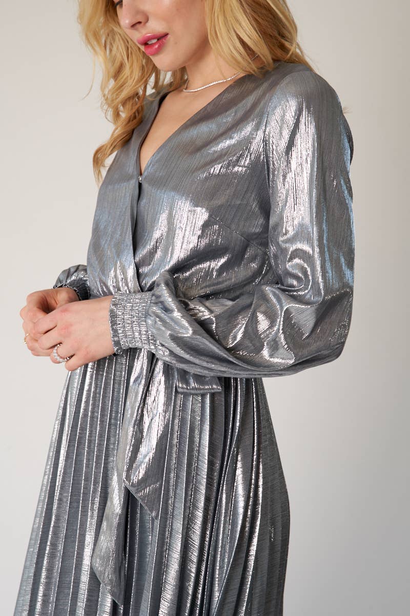 Sophia Silver Metallic Pleated dress