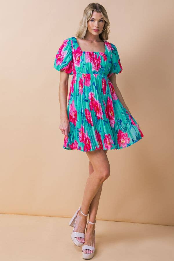 Teal & Pink Pleated Mini Dress - Premium Dresses from FLYING TOMATO - Just $68! Shop now at Ida Louise Boutique