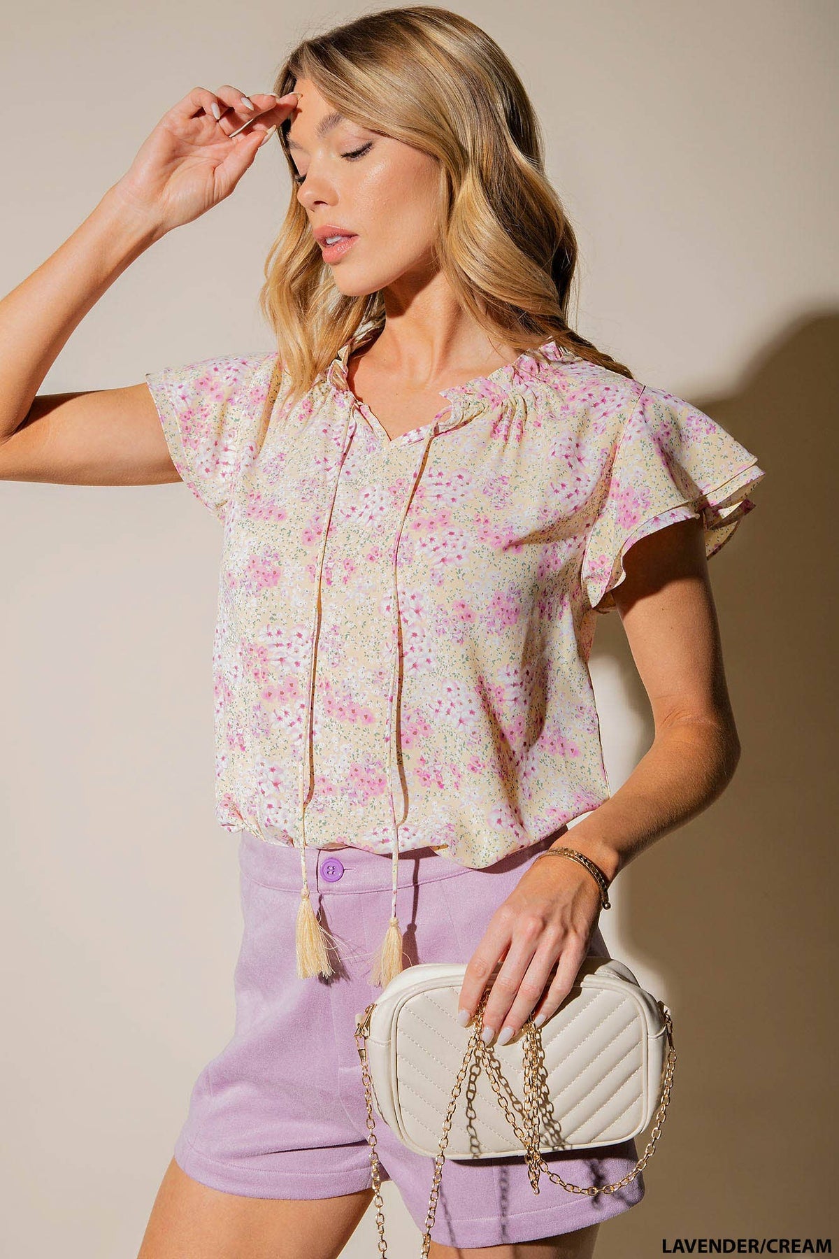 PRINTED POLY 3 LAYERS RUFFLE SLEEVES FRONT TIED - Premium Tops from Kori - Just $48! Shop now at Ida Louise Boutique