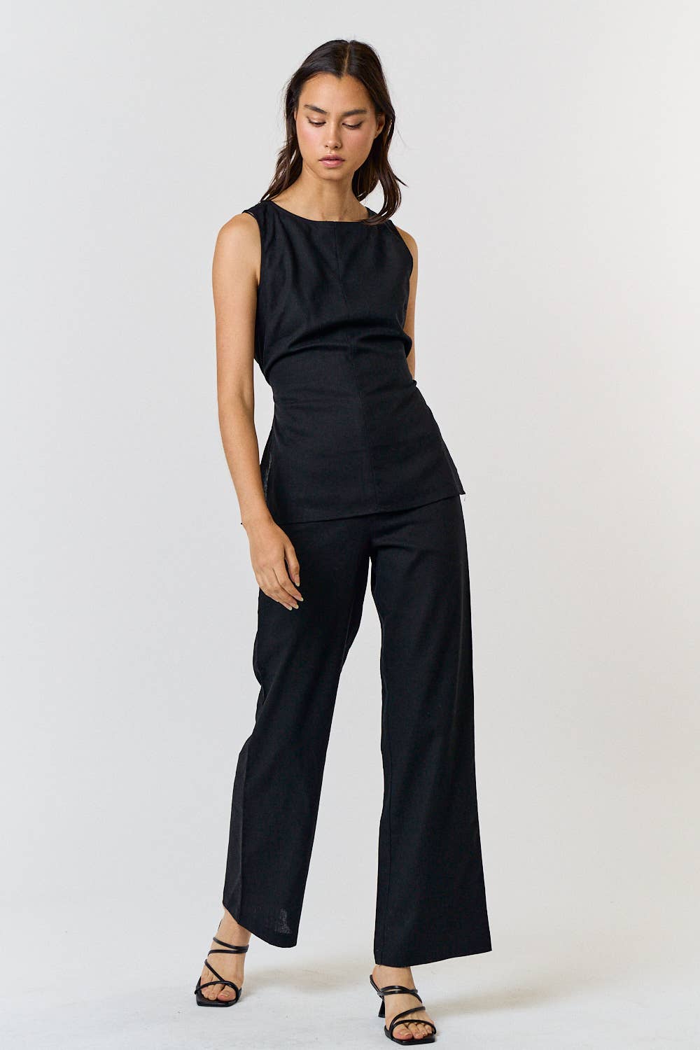 ILS3563 LINEN ROUND NECK WAIST TIE TOP AND LONG PANT SETS - Premium  from Lalavon - Just $90! Shop now at Ida Louise Boutique