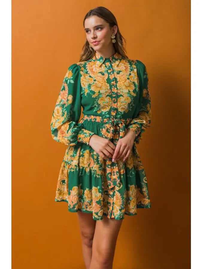 Kellie Green Floral Belted Dress