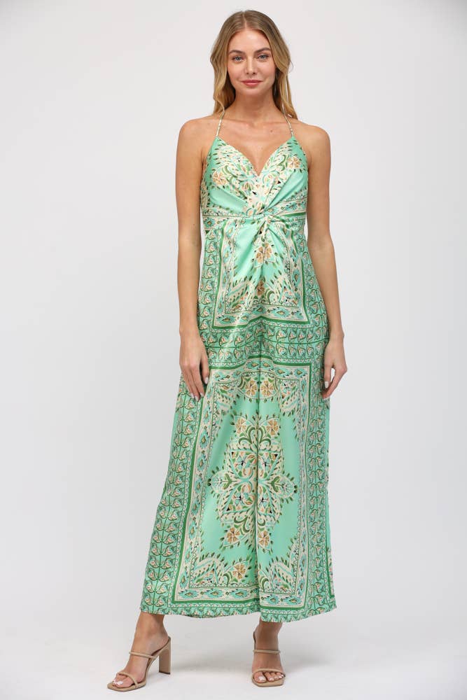 Border Print Tie Front Green Paisley Jumpsuit - Premium Jumpsuit from FATE - Just $64! Shop now at Ida Louise Boutique