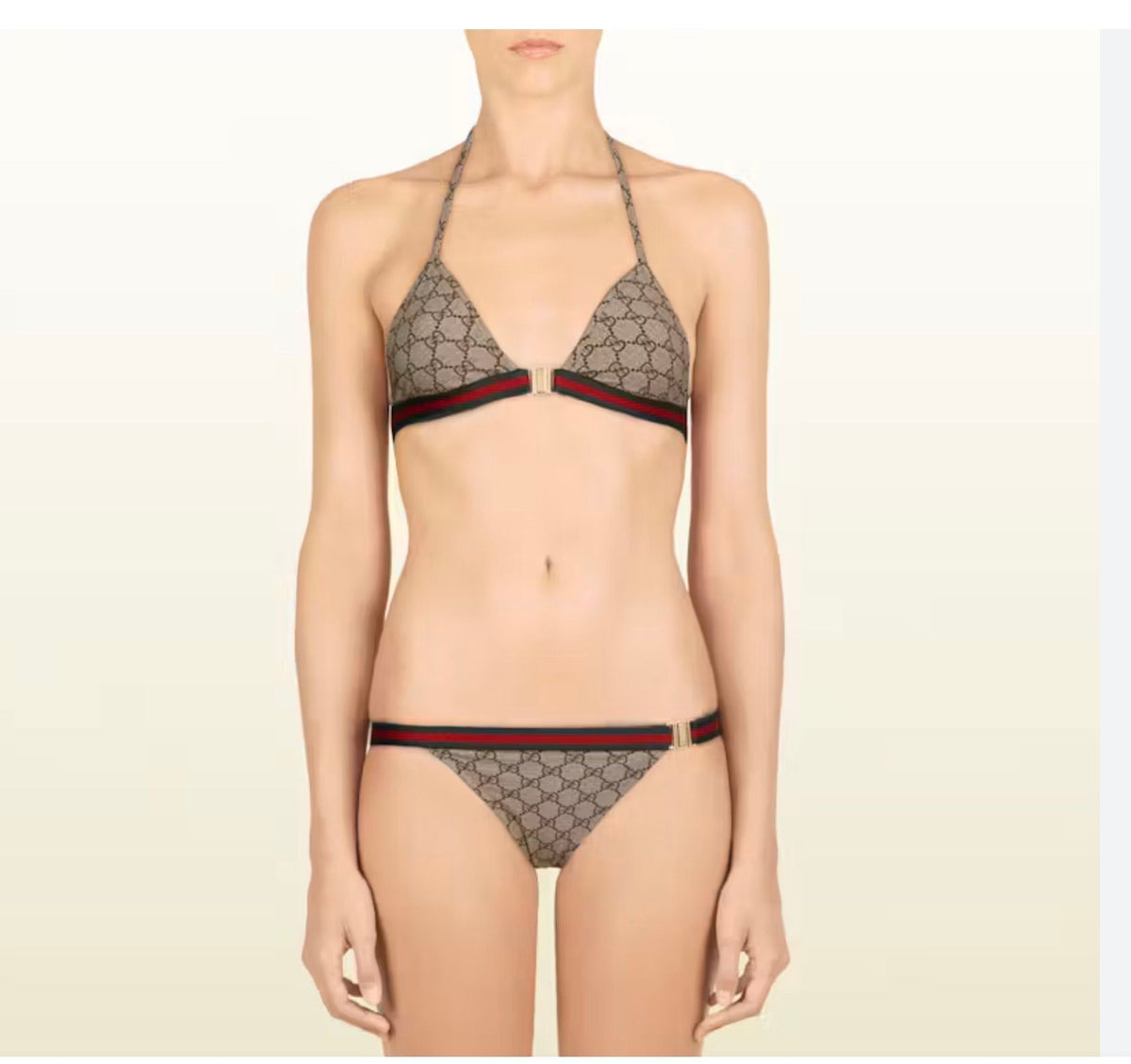 Gucci Beige GG Logo Triangle Bikini with Signature Web Stripe