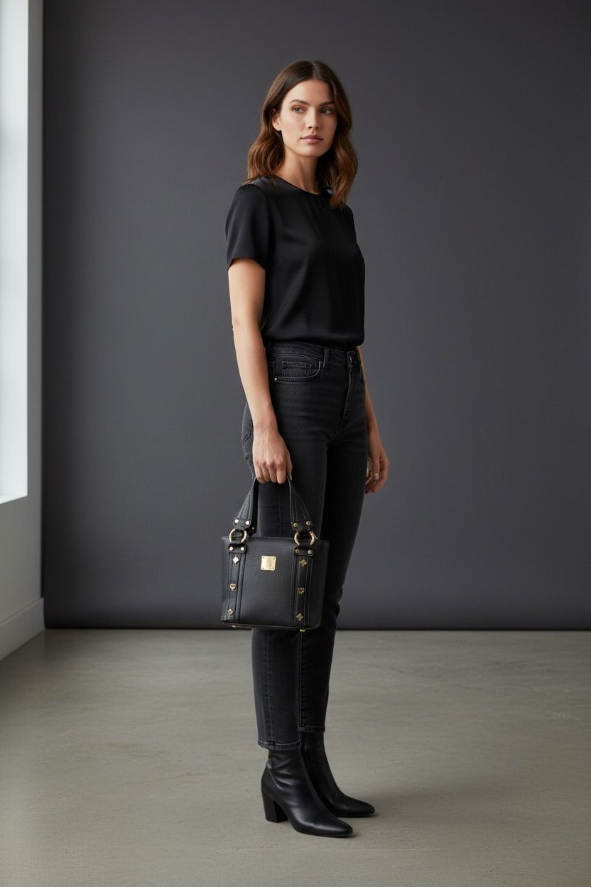 Black pebbled leather MCM Munchen studded satchel tote bag with gold-plated hardware