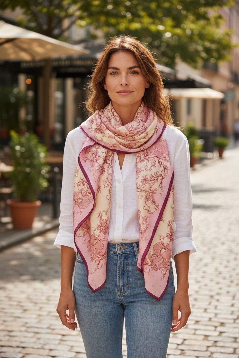 Anteprima scarf features a delicate pink and cream damask or floral pattern.