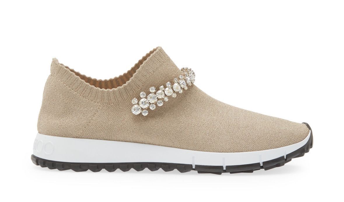 6 JIMMY CHOO VERONA CRYSTAL EMBELLISHED METALLIC-KNIT SNEAKER