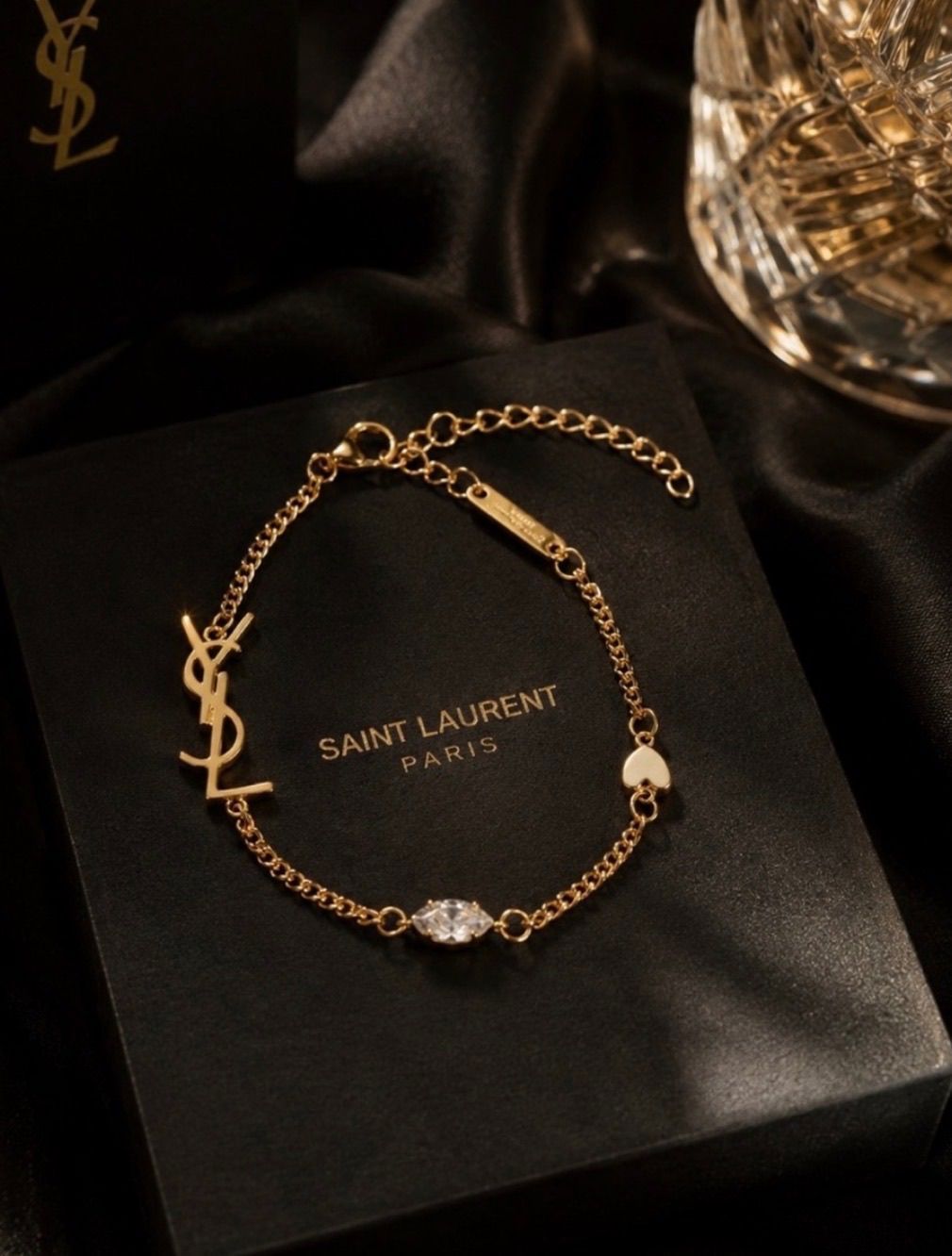 Gold YSL Logo Chain Bracelet with Clear Crystal Accent