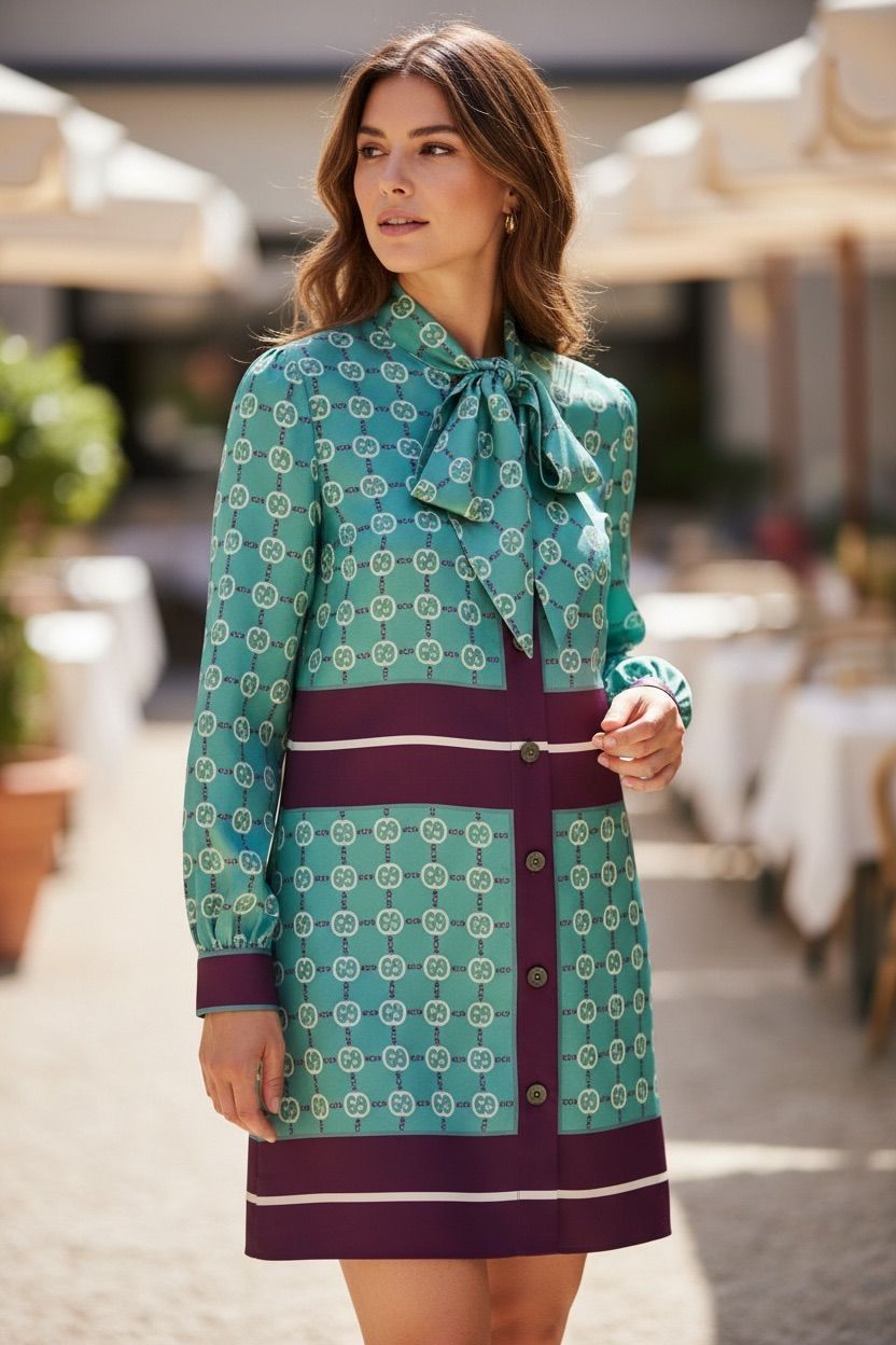 Gucci Teal and Plum GG-Pattern Silk Tie-Neck Dress