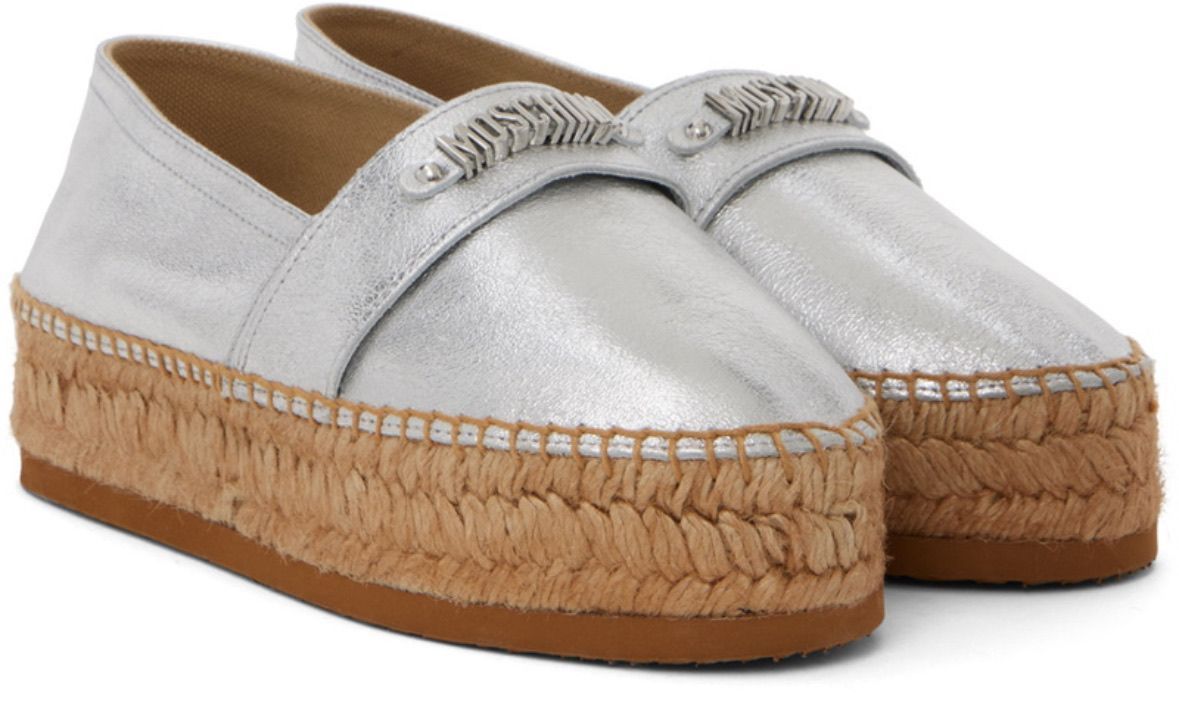 MOSCHINO SILVER MINI LETTERING LAMINATED ESPADRILLES