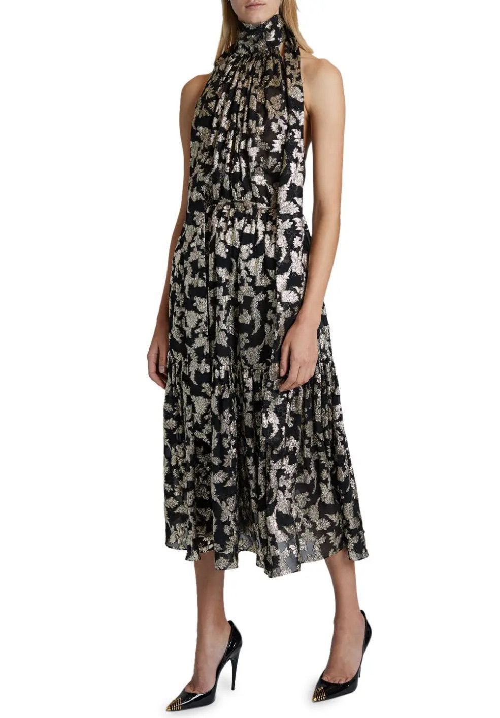 SAINT LAURENT Metallic Floral Silk And Lurex-blend Chiffon Halterneck Dress In Black