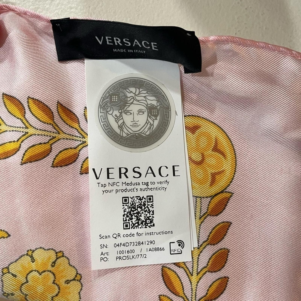 VERSACE BAROQUE PRINT SCARF PINK AND YELLOW