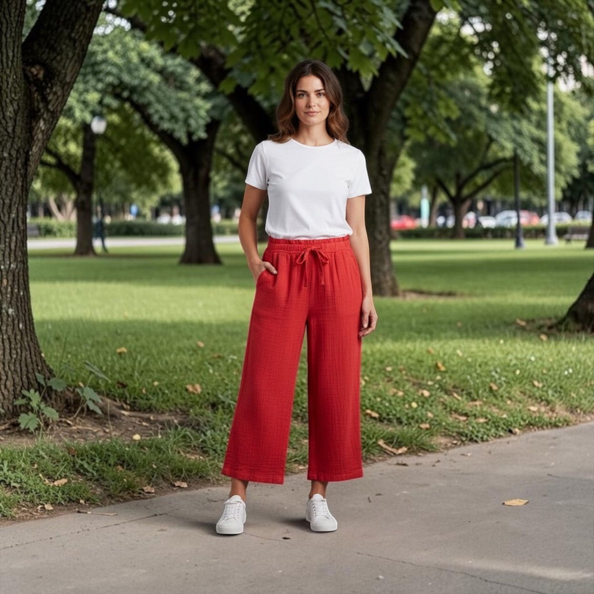 Red Cotton Gauze Tie-Waist Pants, photo 1