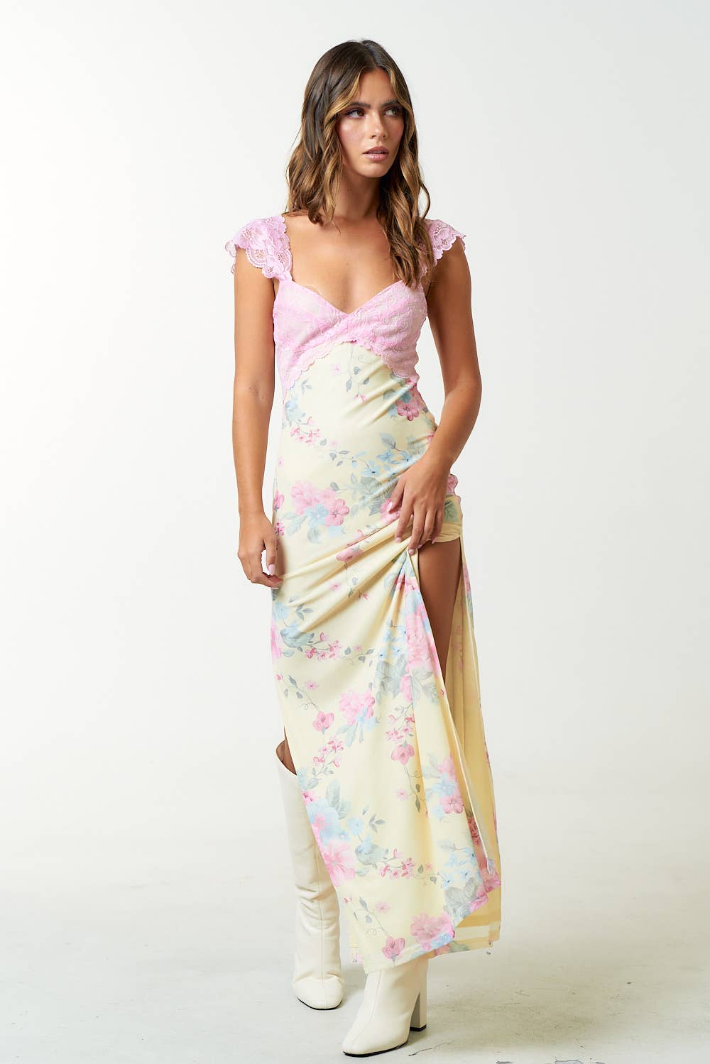 ESH FLORAL PRINT LACE DETAIL SIDE SLIT MAXI DRESS - Premium  from Blue Blush - Just $60! Shop now at Ida Louise Boutique