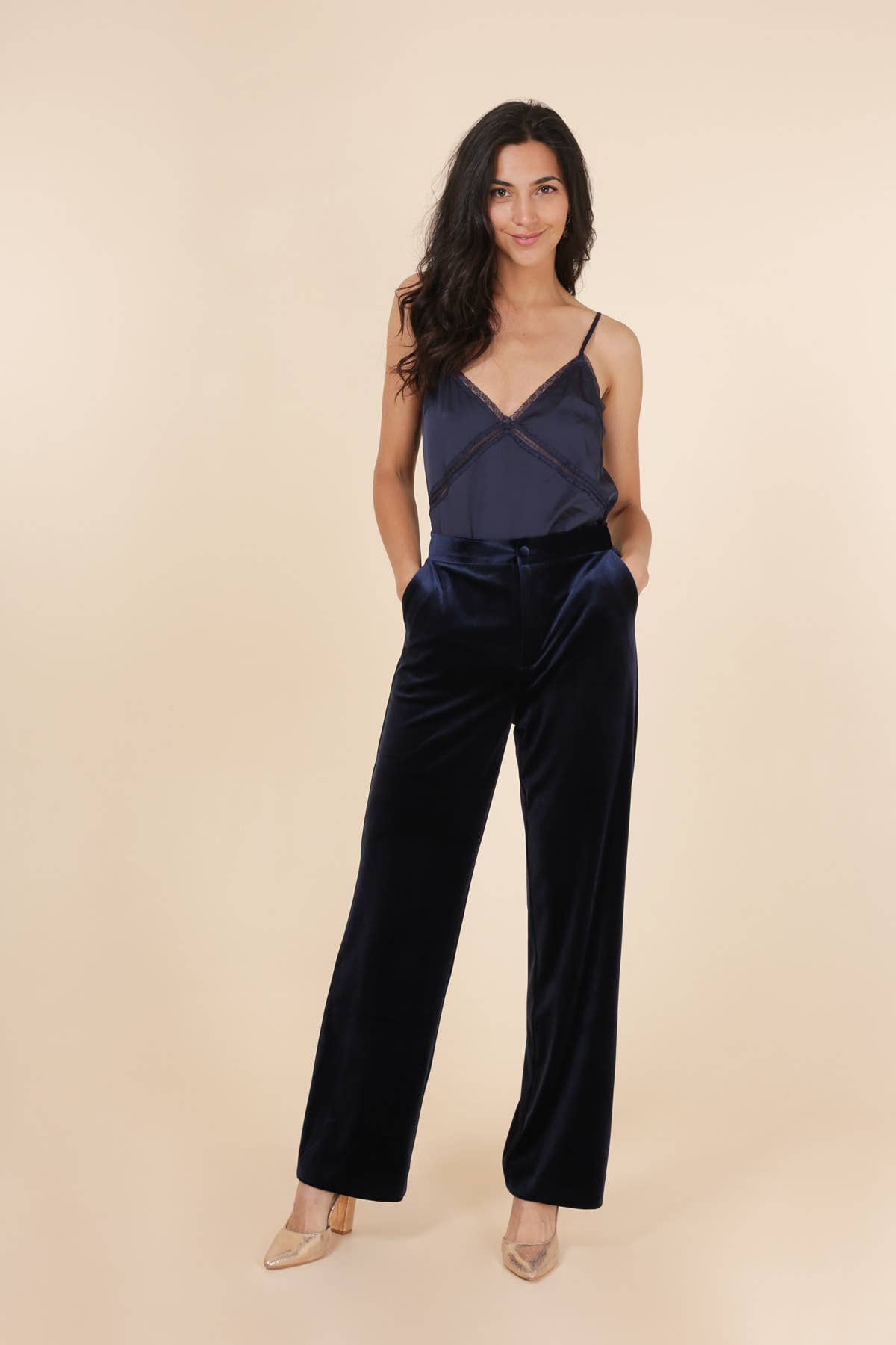 Straight Cut Navy High Waist Velvet Pants Matching Blazer Available - Premium Pants from CHOKLATE PARIS - Just $76! Shop now at Ida Louise Boutique