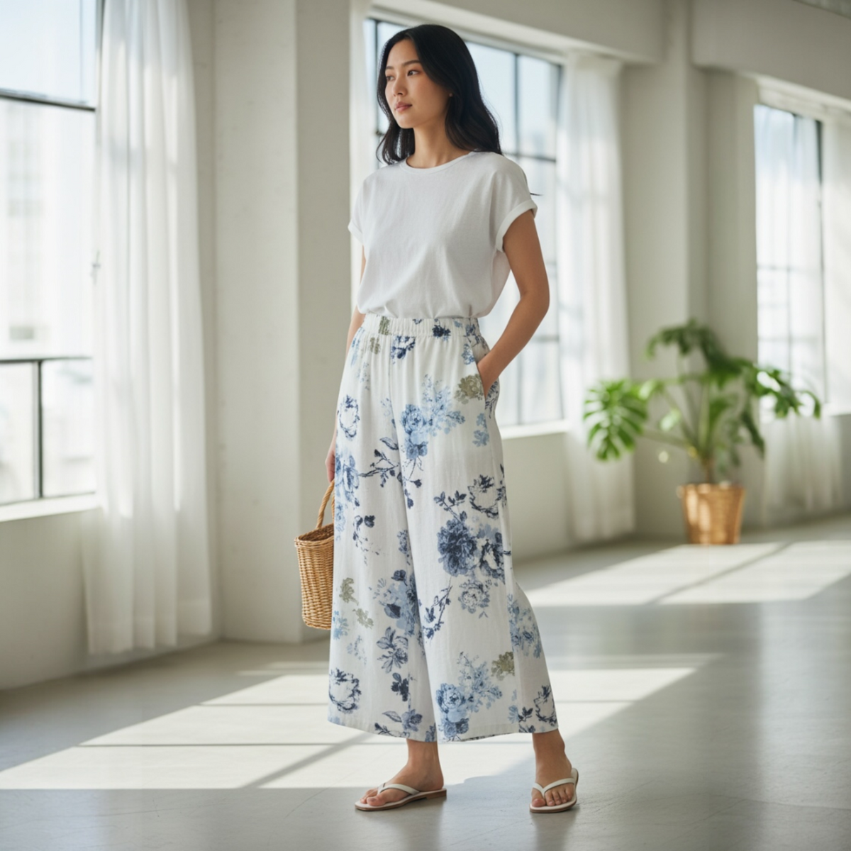 AZZURA GARDENIA PRINT LINEN SMOCKED WAIST WIDE LEG PANT