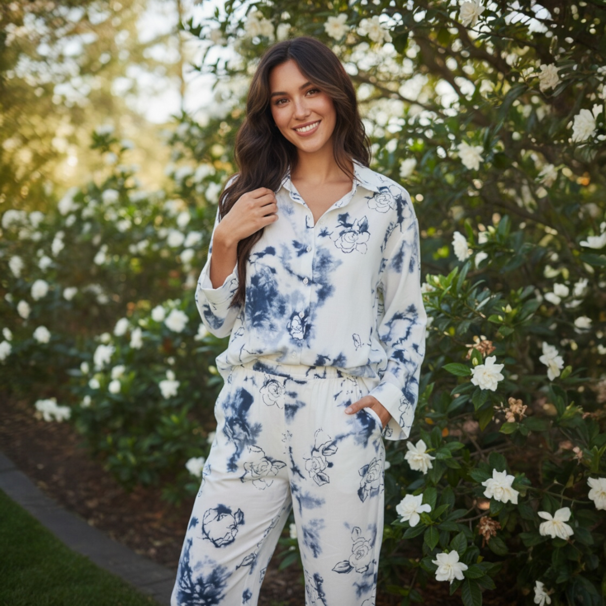 AZZURA GARDENIA PRINT BUTTON DOWN PONCHO SLEEVE LINEN TOP