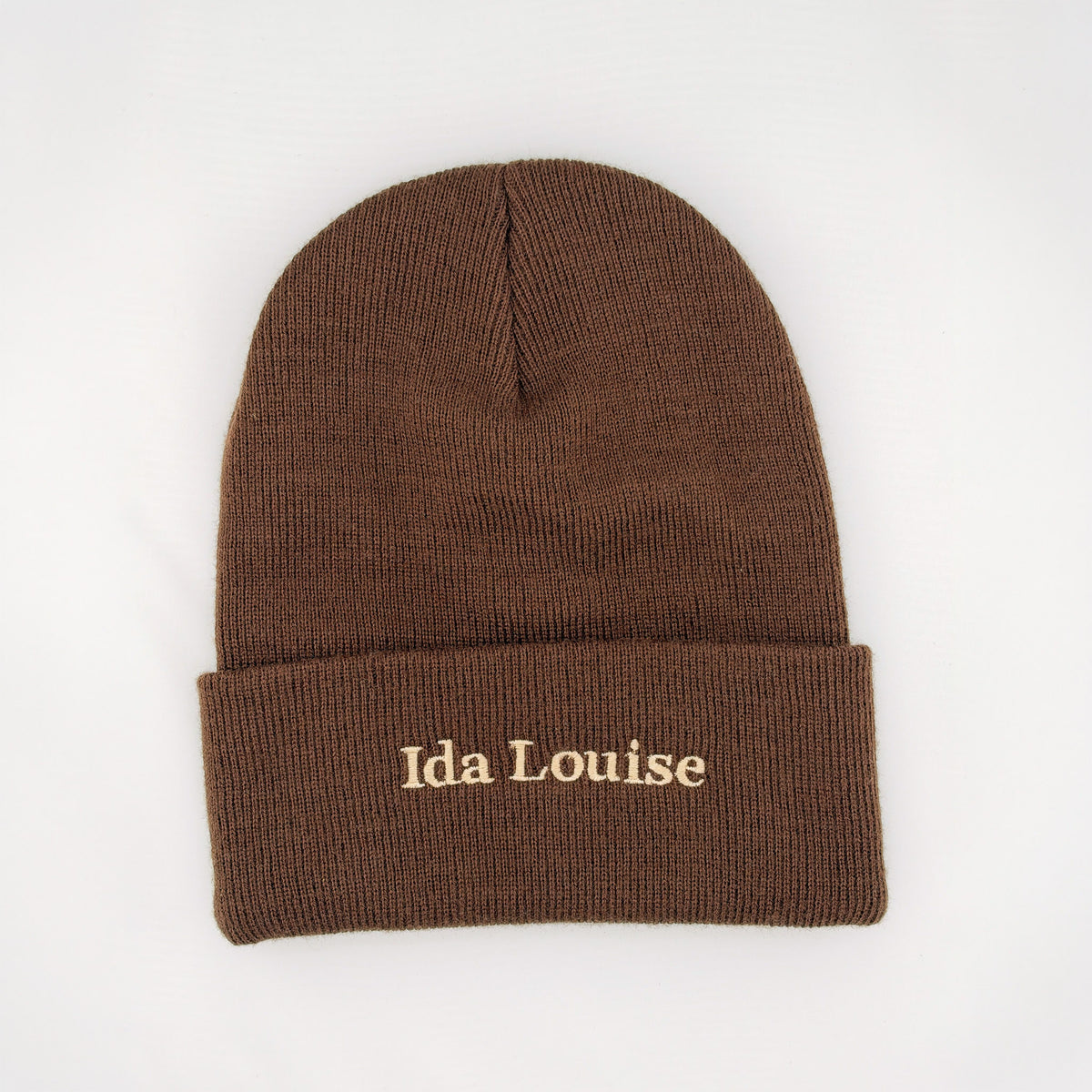 Brown cuffed knit beanie with Ida Louise embroidered in cream