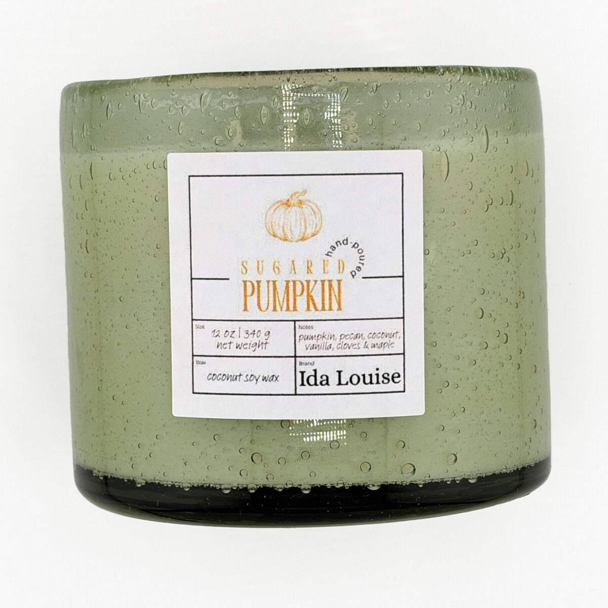 Ida Louise Sugared Pumpkin candle, 12 oz coconut soy wax in a green bubble-glass jar